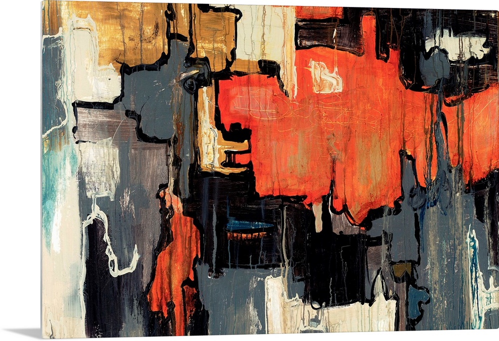 Abstract painting of bold dark colors with black lines running between the separation of colors.