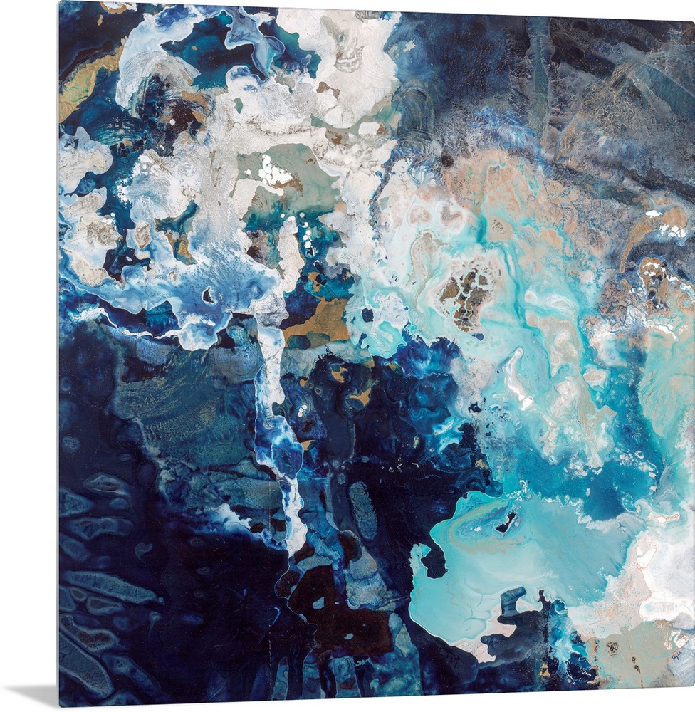 Abstract contemporary painting with dark navy and bright blue splashes.