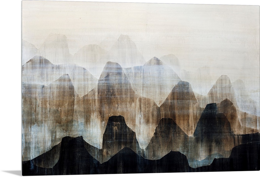 Contemporary artwork of a mountain range painted in various earth-tones.