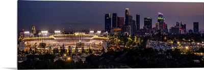 Dodger Stadium and LA skyline Lit Up at Night - Panoramic