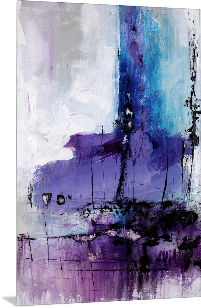 Contemporary painting done in brilliant shades of purple of purple from violet to eggplant over a gray toned background wi...