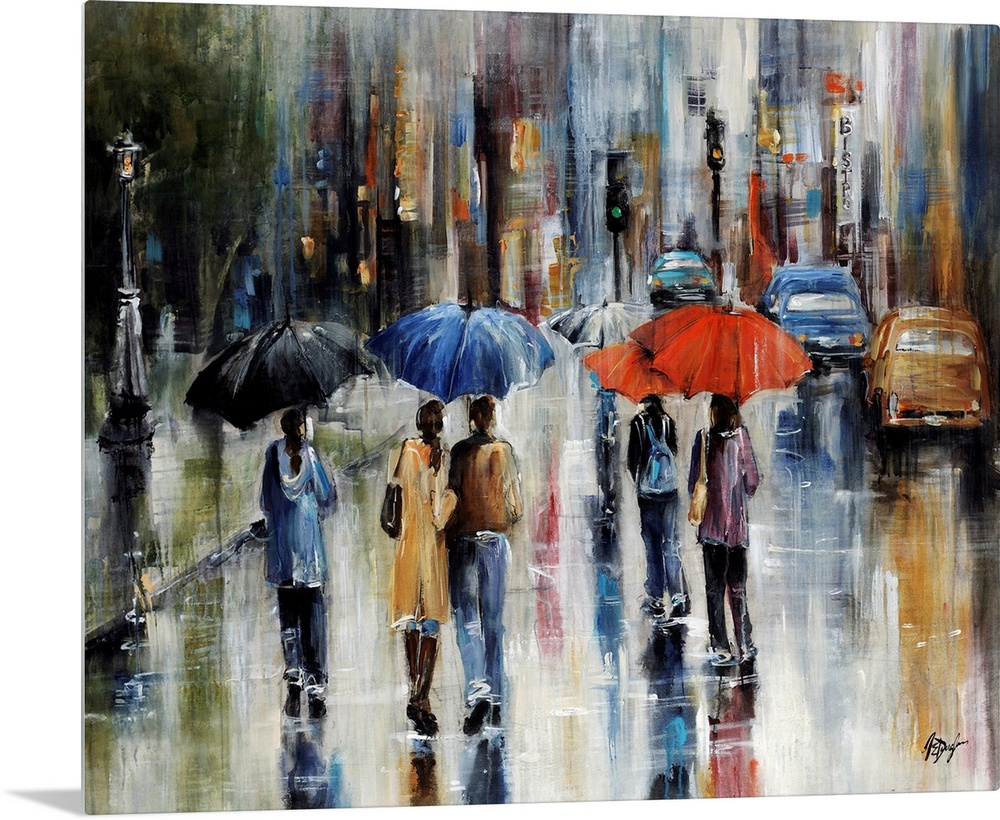 Large painting of people walking in the street with umbrellas. There is a sidewalk to the left of them and cars ahead to t...