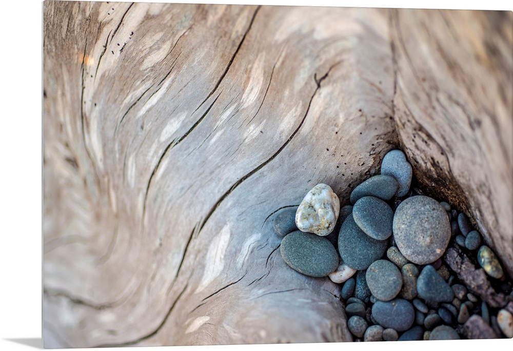 Photograph of smooth rocks piled on top of a piece of driftwood on the pacific northwest coast.