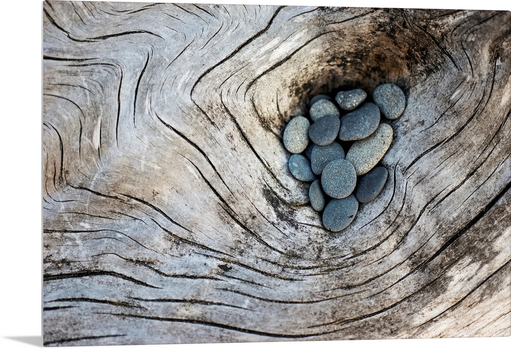 Photograph of smooth rocks piled on top of a piece of driftwood on the pacific northwest coast.