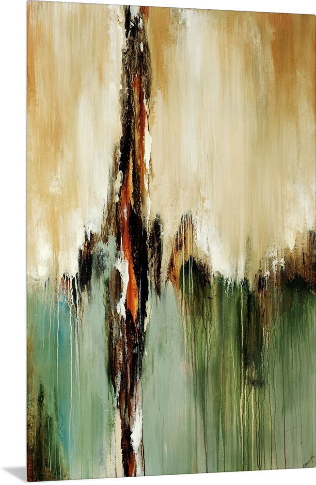 Vertical abstract wall art of paint dripping downward on canvas.