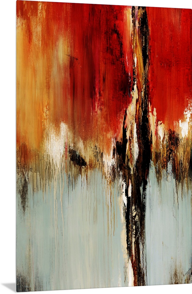 Vertical abstract painting on canvas of warm colors meeting neutral colors.