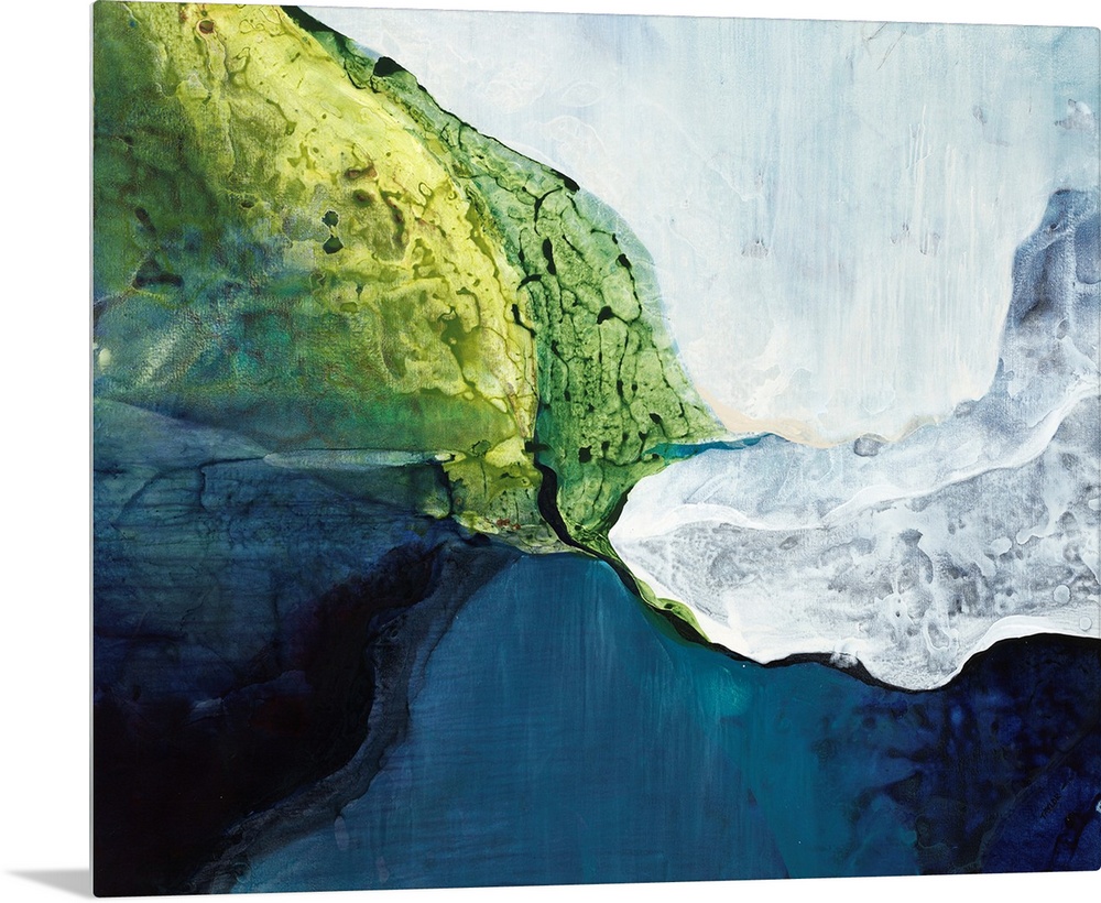 A contemporary abstract painting using cool colors in organic forms.