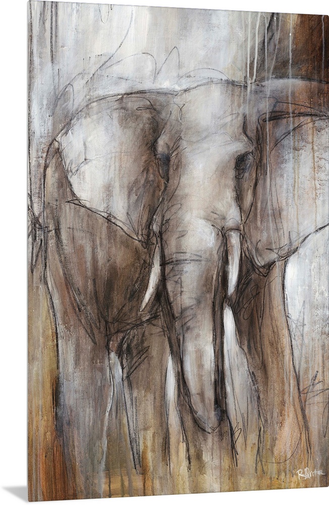 Illustrative painting of an elephant done in varying shades of grayish-brown.