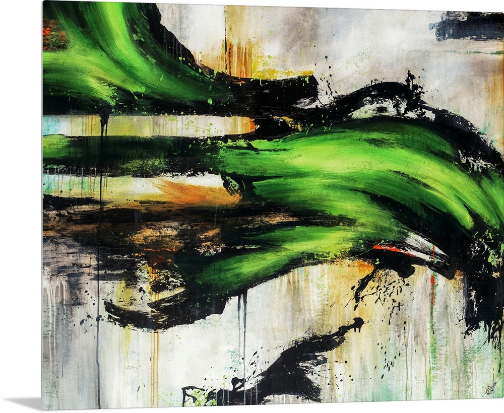 Abstracted painting of a cityscape done in varying shades of blue with pops of yellow.