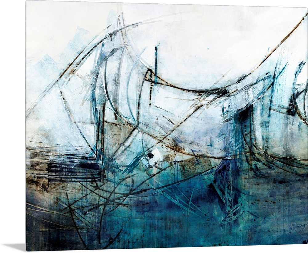 Contemporary abstract painting using tones of blue and white.