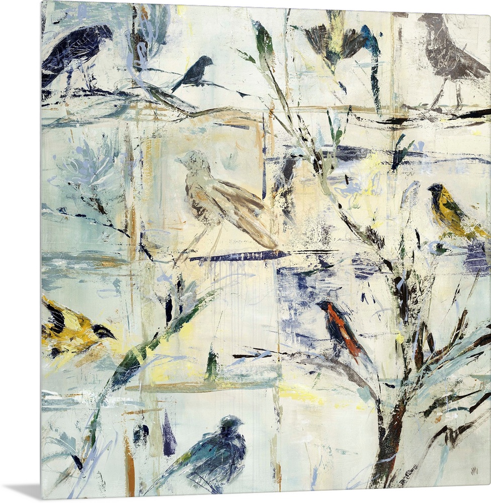 Contemporary painting of various abstracted birds against a cool cream background.