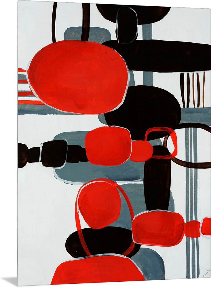 Modern painting of geometric shapes and lines reminiscent of mid century modern styles.