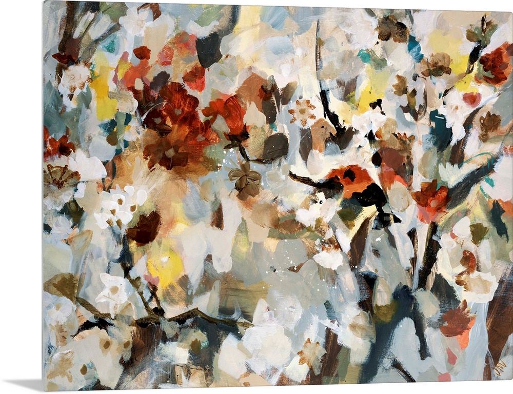Abstract painting of various types of flowers that are bunched together and uses soft colors.