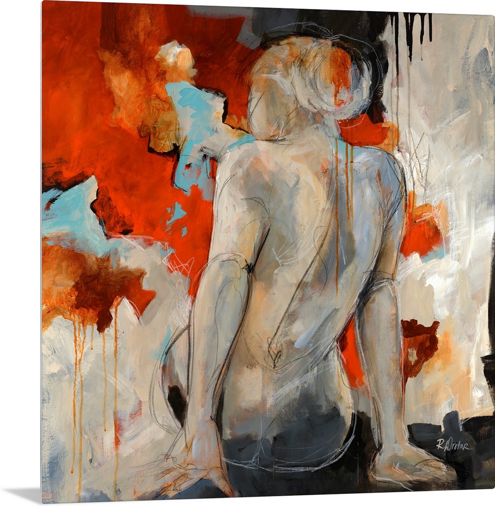 Figurative art work of a female nude from behind and abstract background. This square wall art would look great in a priva...