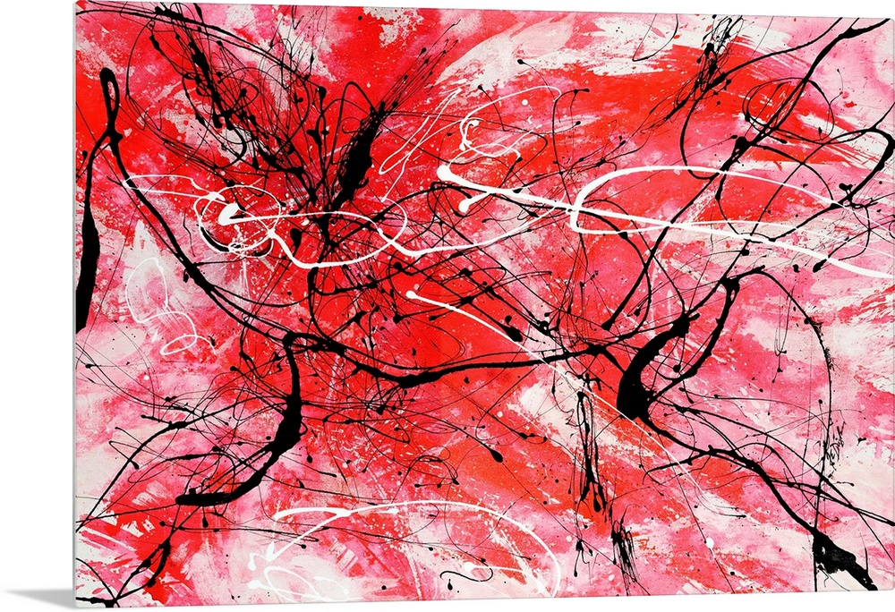 Energetic contemporary painting of energetic red brushstrokes and sporadic black and white lines in a style inspired by th...