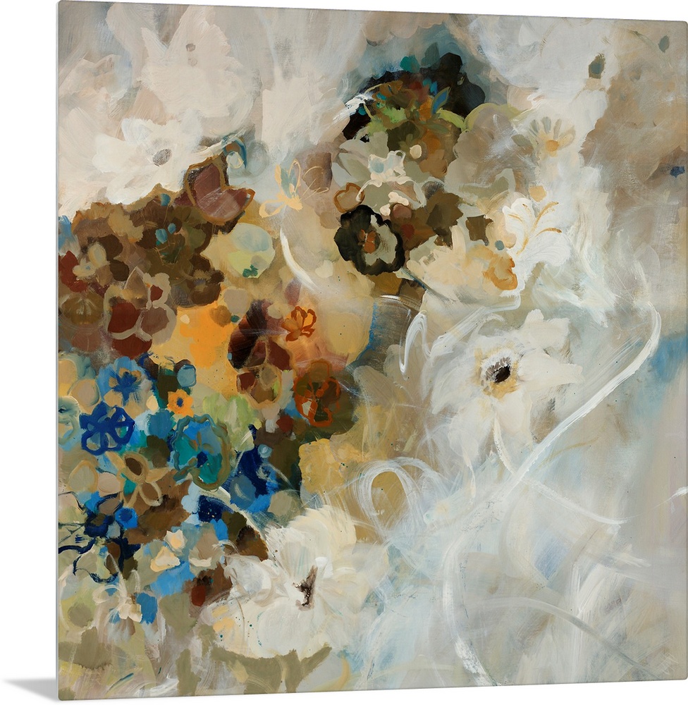 Large painting of assorted flower blossoms in mostly neutral tones with a rough texture.