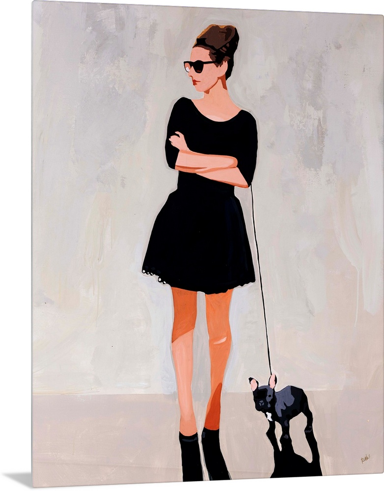 Contemporary portrait of a fashionable woman walking her French bulldog in front of a neutral background.