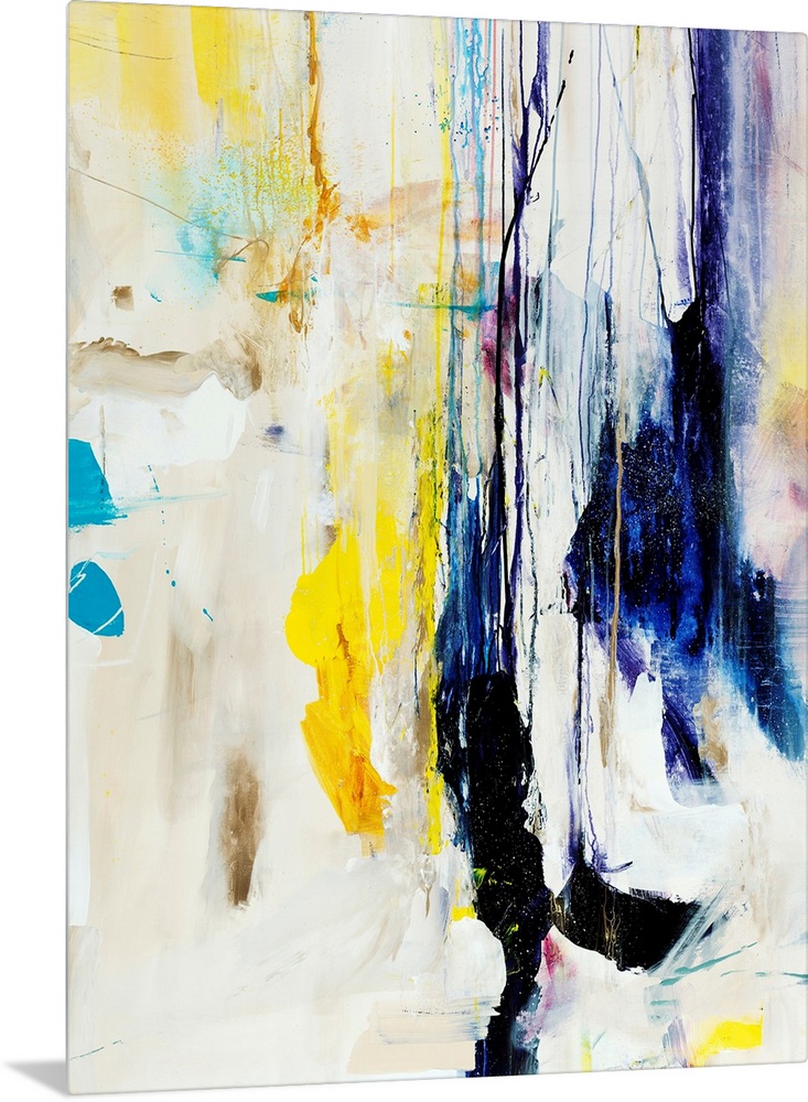 Abstract painting of multicolored patches and shapes that appear to be dripping downward from the top of the image, on a l...