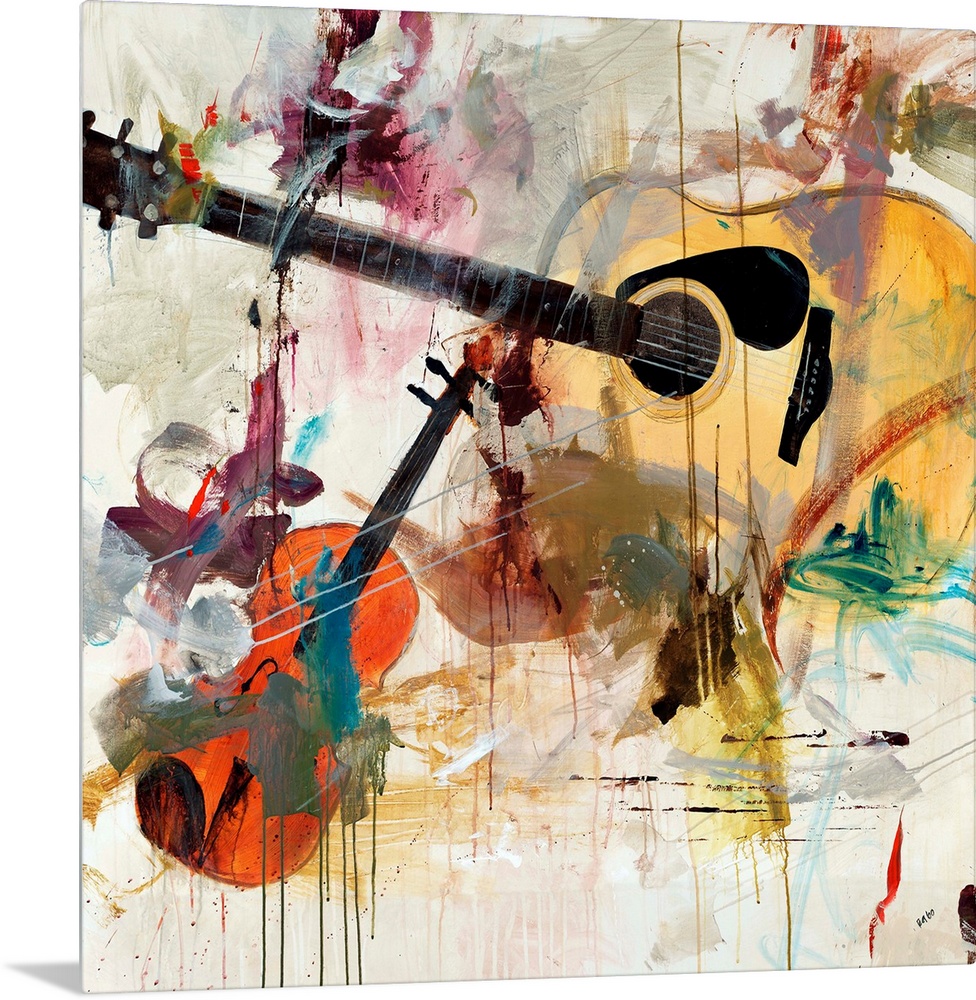 Contemporary artwork of instruments with splashes of color painted over them.