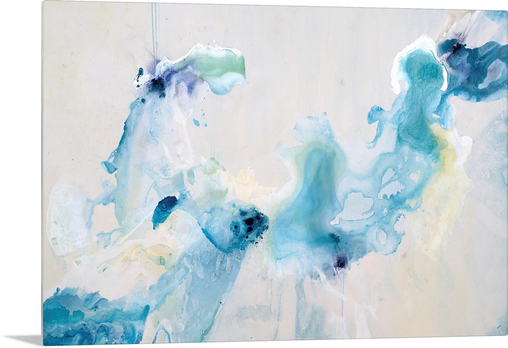 Contemporary art of swirling cool tones that resemble dye dropped in water, on a light, neutral background.