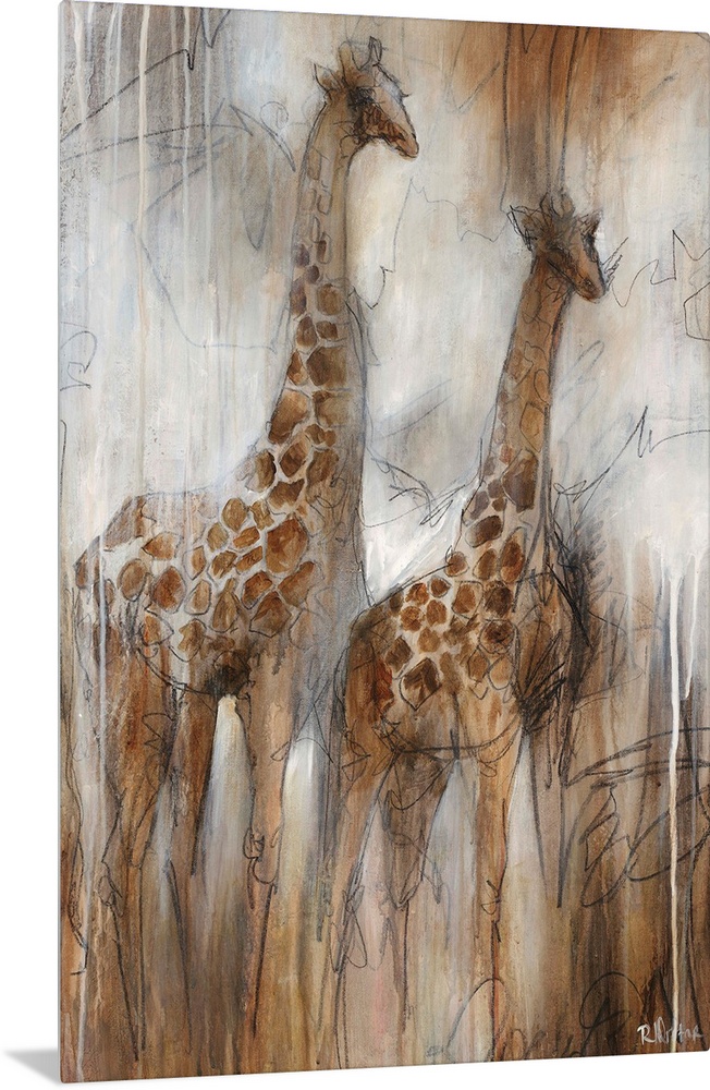 Illustrative painting of two giraffes done in varying shades of grayish-brown.