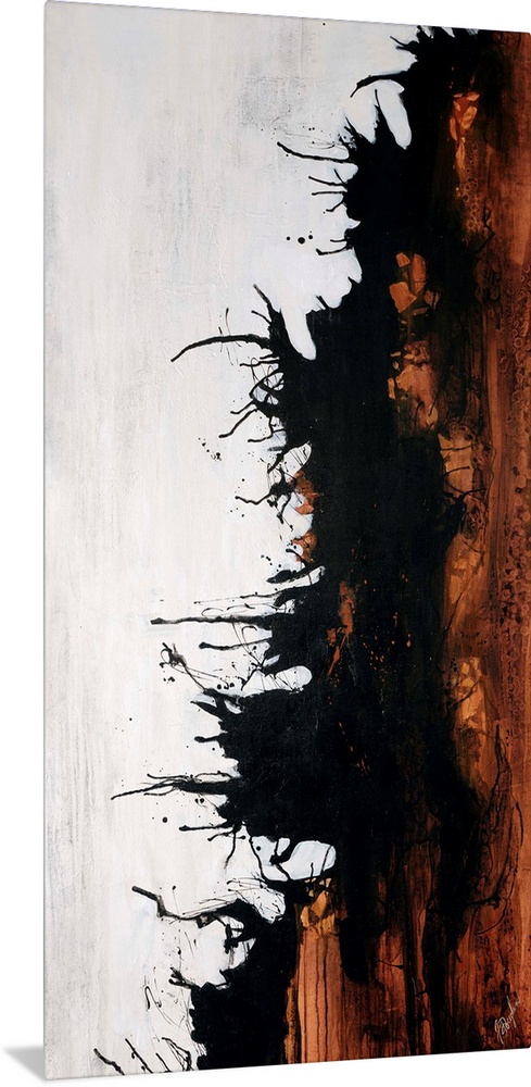 Vertical abstract painting of earth toned brushstrokes on the right with curved lines on the outside edges.