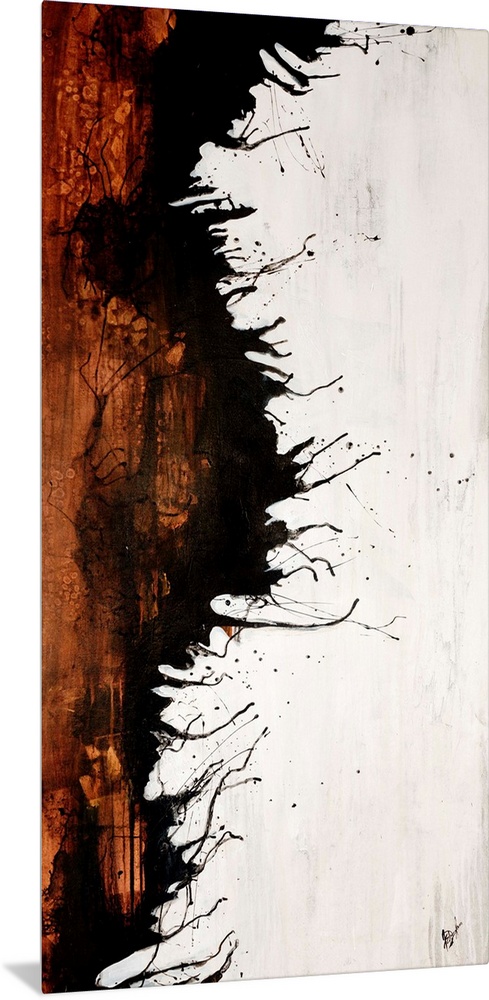 Vertical panoramic painting of two contrasting colors separated by jagged ink splattered edge.