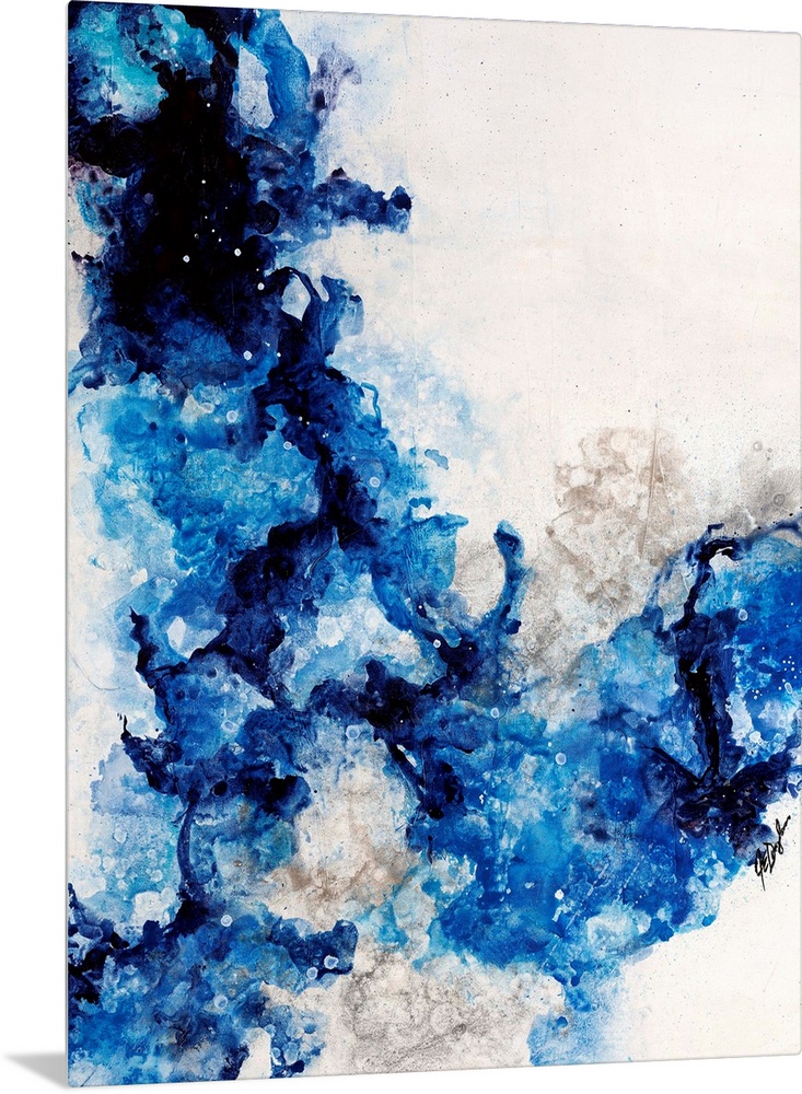 Abstract painting of a mixture of varying blue tones swirling around against a neutral background.