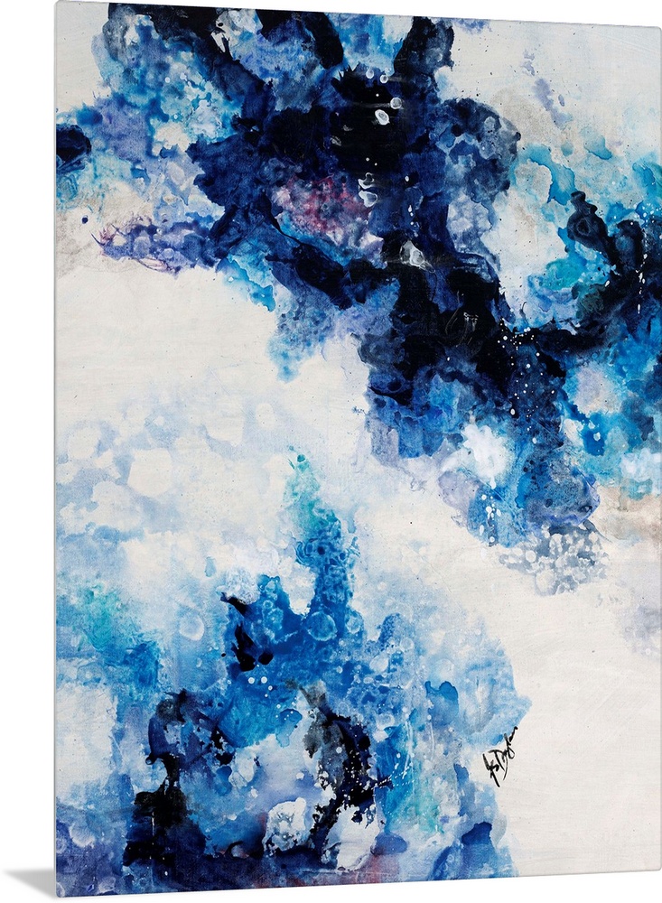 Abstract painting of a mixture of varying blue tones swirling around against a neutral background.