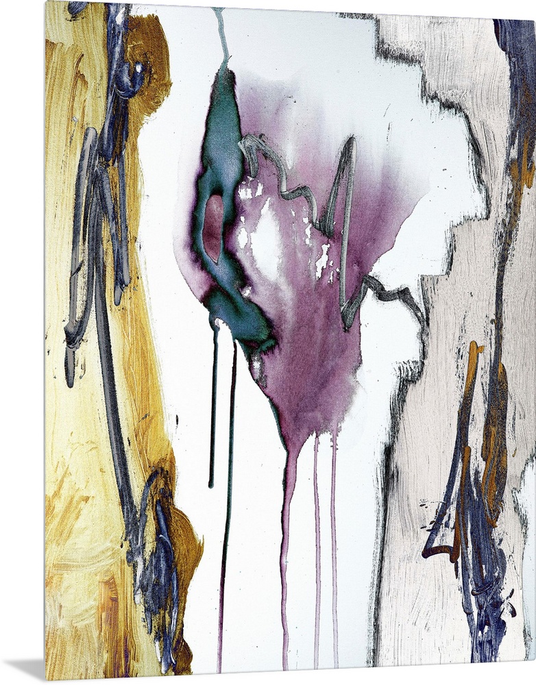 Abstract painting in textured colors of yellow, purple and gray with outlines of black and vertical drips of paint.