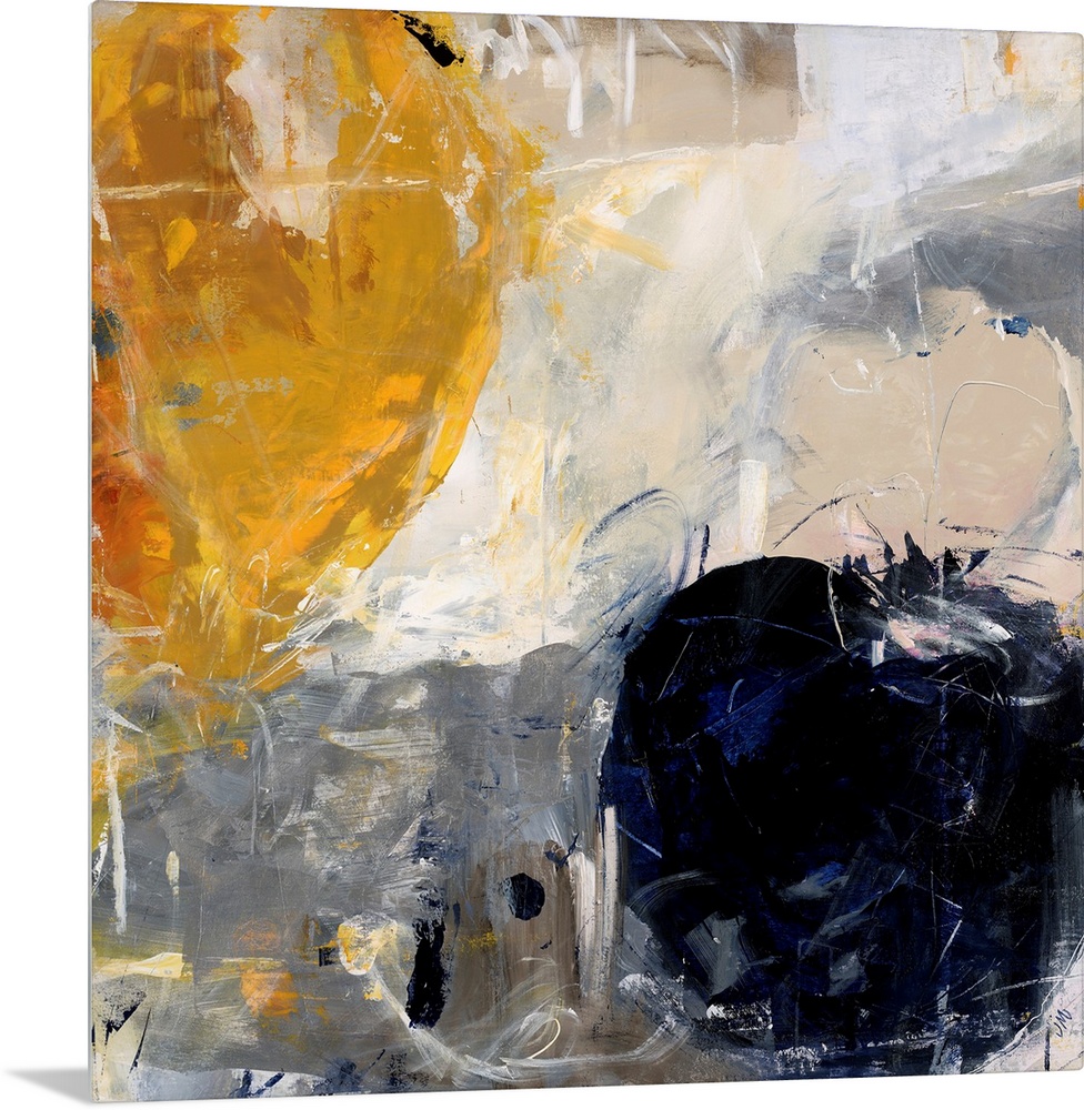 Abstract painting using bold colors forming circles in opposite corners of the image, against a background of earth tones.