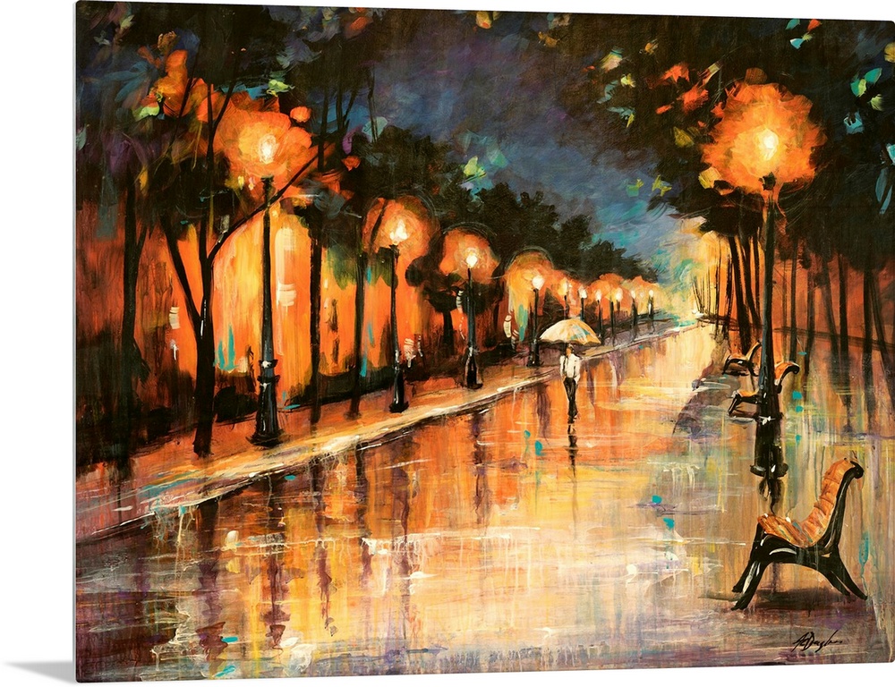 Huge contemporary art focuses on a lone individual carrying an umbrella as raindrops fall on a walkway at night. Lining th...