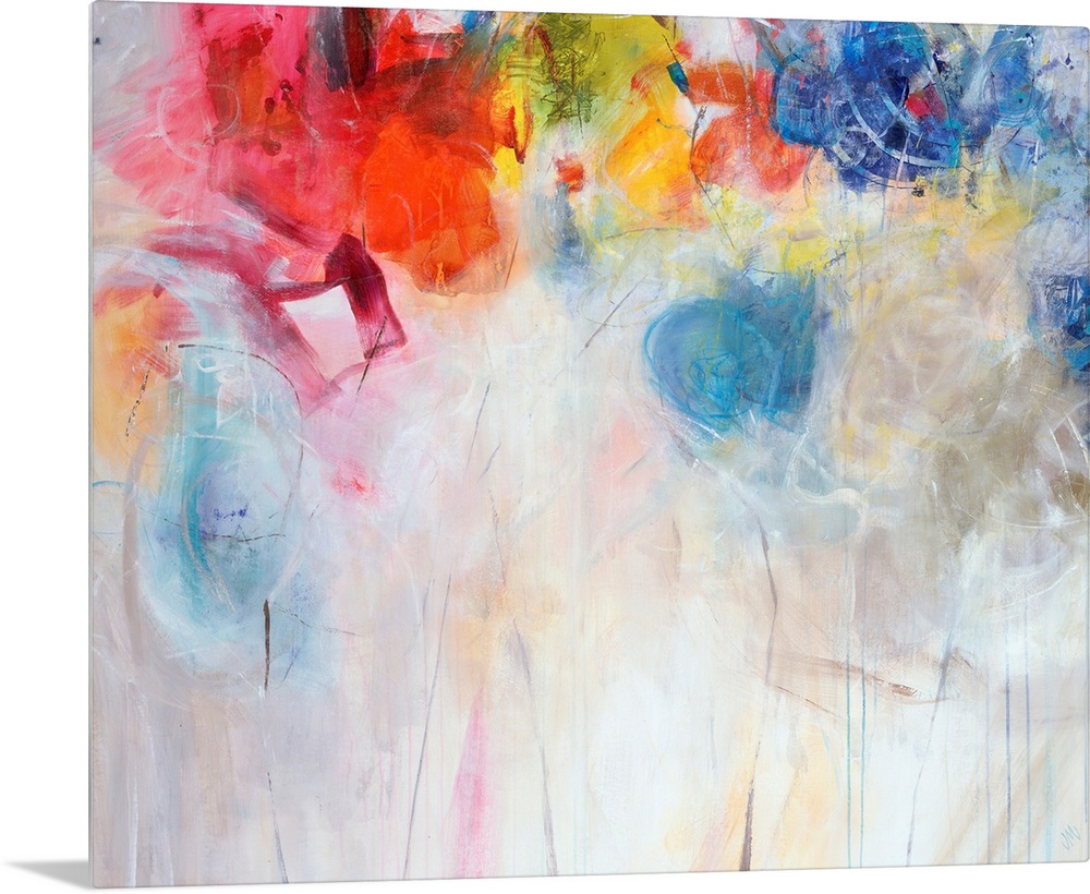 Contemporary abstract painting of bright multi-colored forms overtop a neutral background.