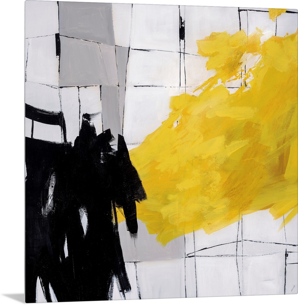 Abstract painting using bright yellow paint strokes and black paint strokes against a cracked tile looking background.