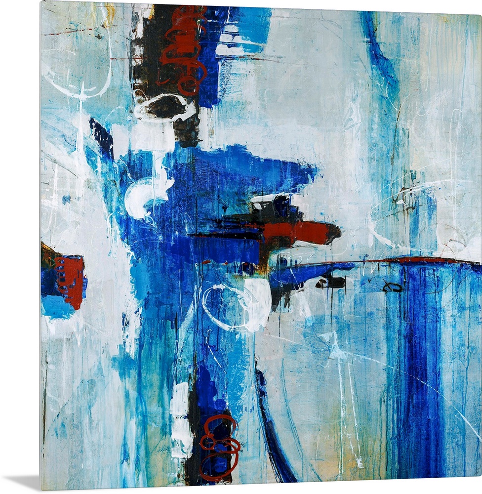 Abstract painting of bright blue brustrokes against a gray-blue background.