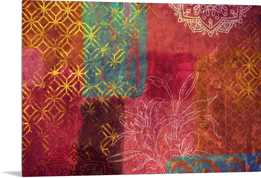 A Bohemian-style abstract collage incorporating floral elements, mandalas, and Moroccan tile patterns.