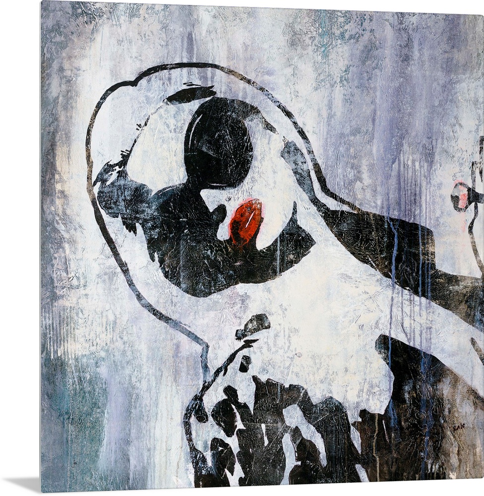 Grunge-style painting of a woman with large sunglasses and bright red lips leaning over, done in high contrast and lots of...