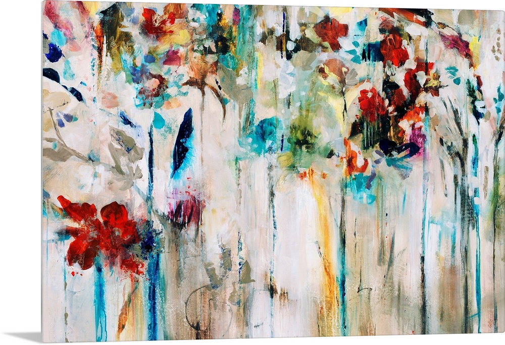 Abstracted painting of flowers done in brilliant colors set against a neutral background.