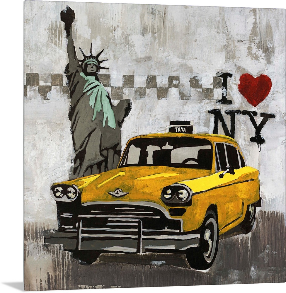 Contemporary painting of a taxi cab in front of the State of Liberty with an "I love New York" logo in the background.