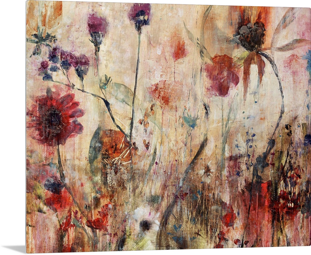 Contemporary abstract painting of wildflowers with grungy textures on canvas.