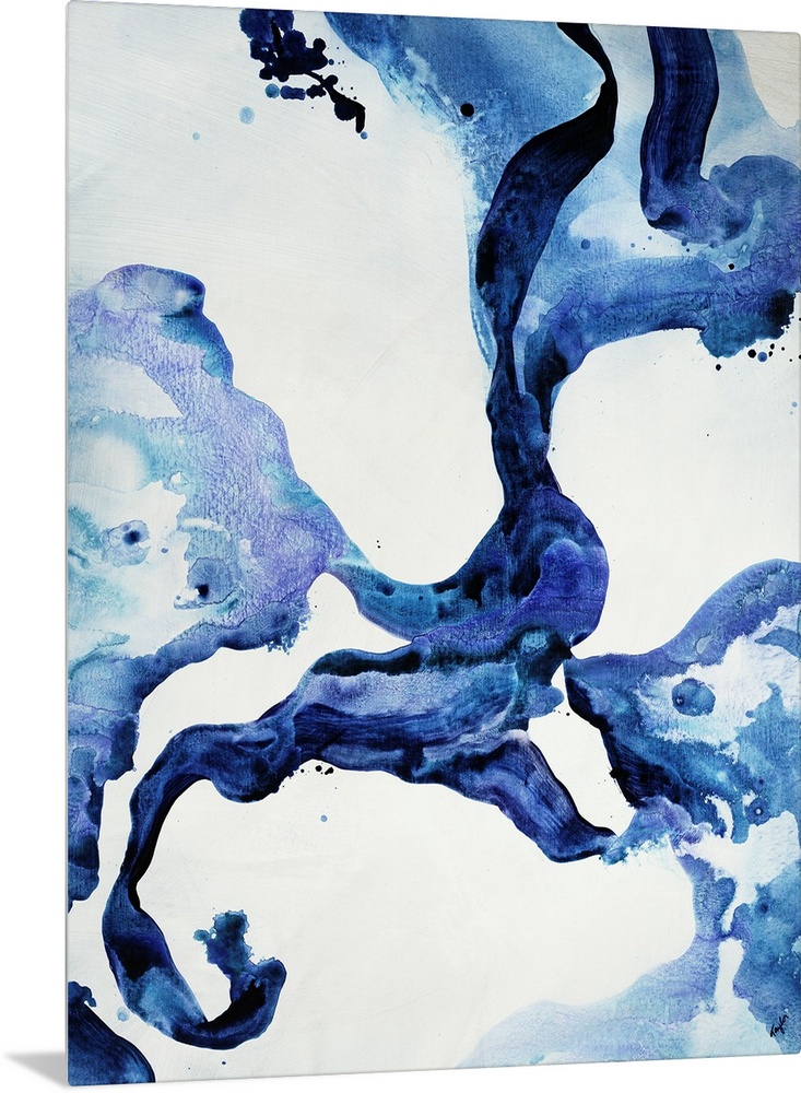 Contemporary abstract painting featuring fluid and curvaceous shapes done in varying shades of indigo blue.