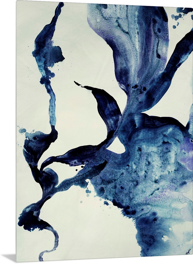 Contemporary abstract painting featuring fluid and curvaceous shapes done in varying shades of indigo blue.