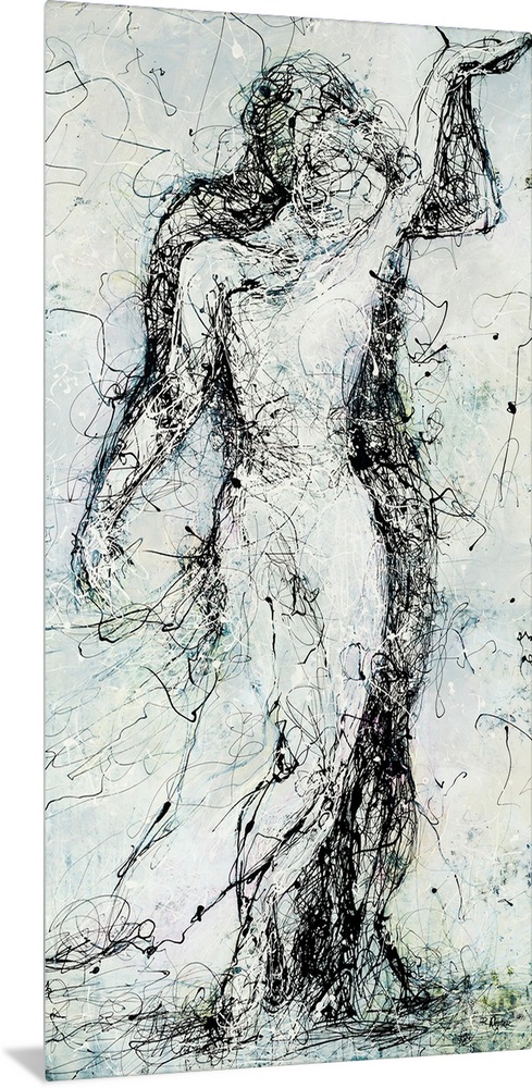 Abstract figurative painting of a couple embracing, reminiscent of two statues in front of one another.