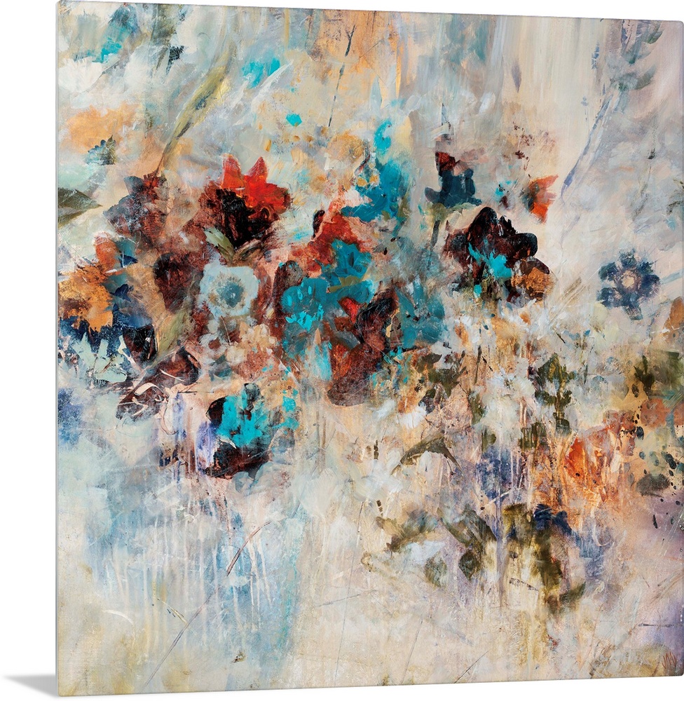 Abstract art piece of flowers pushing through the textured cream background.