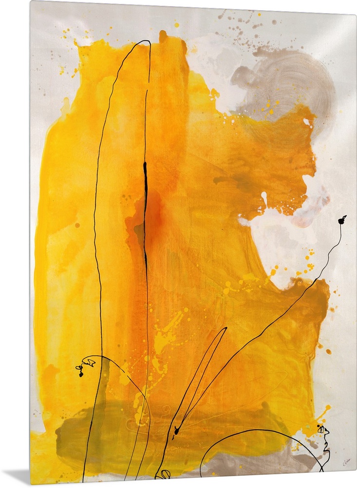 Painting of a large abstract shape in golden tones with thin, swirling lines of paint that appear to have be dripped from ...