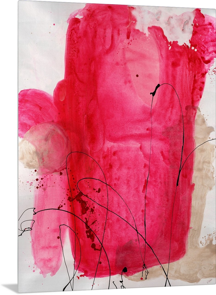 Painting of a large abstract shape in bright pink tones with thin, swirling lines of paint that appear to have be dripped ...