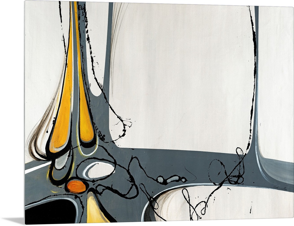 Abstract art of irregular shapes and curved lines reminiscent of mid-century modern styles.