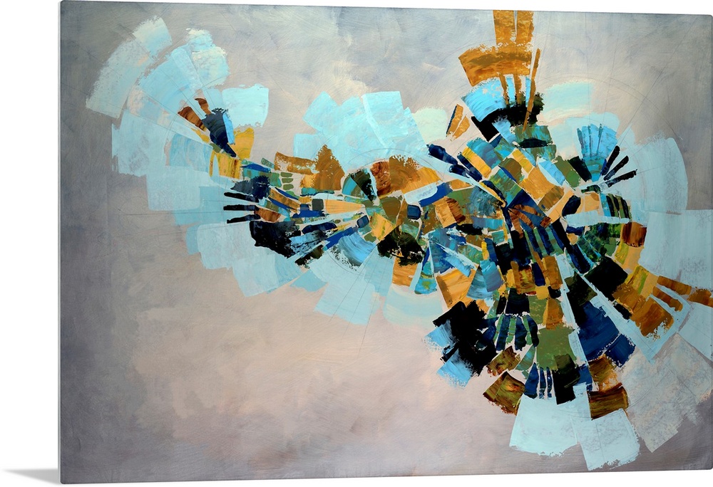 Fan like shapes radiate outward in this abstract painting on a horizontal wall hanging for the office of home.