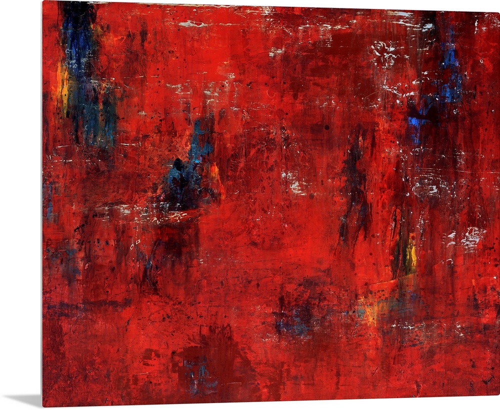 Abstract painting featuring shades of red and maroon with swipes of blue and yellow.