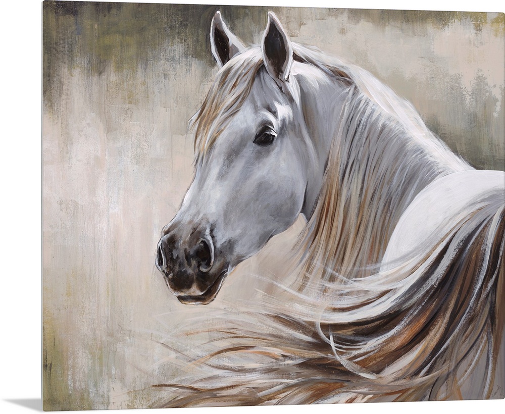 Contemporary painting of a white horse and its flowing mane in front of a neutral background.